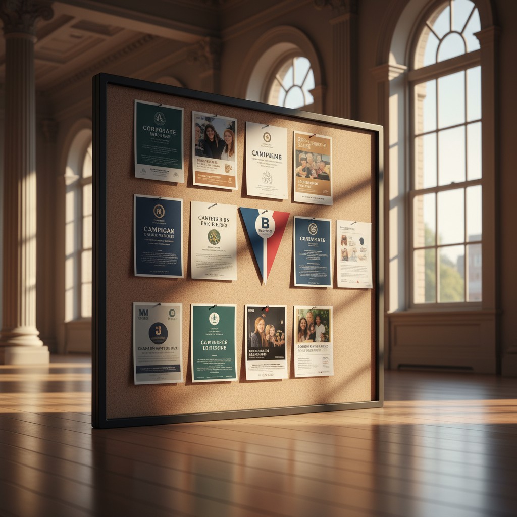 A corkboard hangs in a room with many windows and wood floors. There are several notification posters displayed.