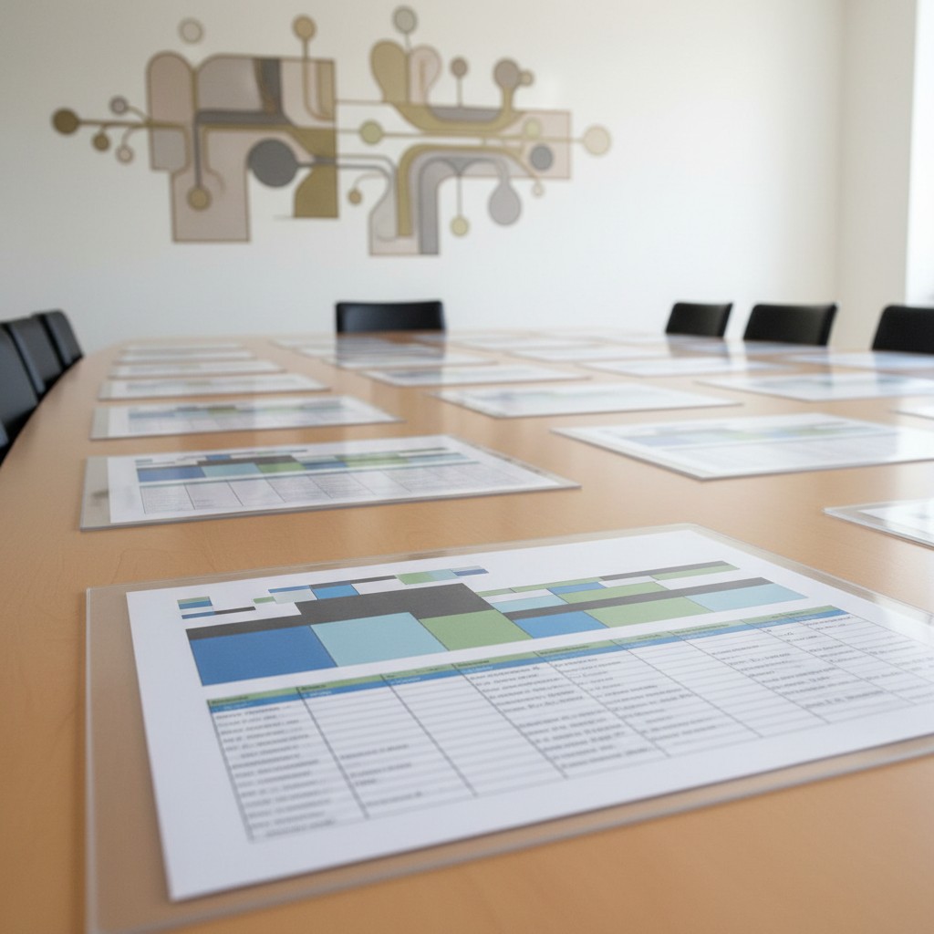 Un large réunirse plan déployée sur une grande table de conféréncia médium blond.